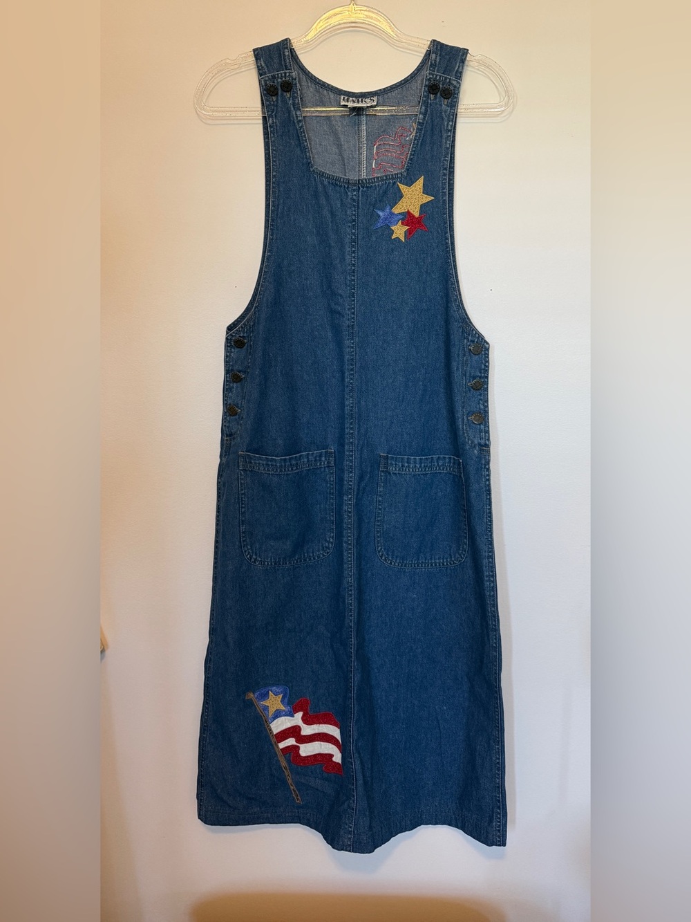 Woman’s Vintage Denim Pinafore Dress with American Flag and Stars embroidered